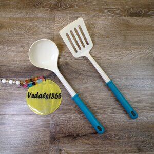 Spatula & 2 Oz Ladle Set Cream with Light Blue Handles Nylon/Plastic